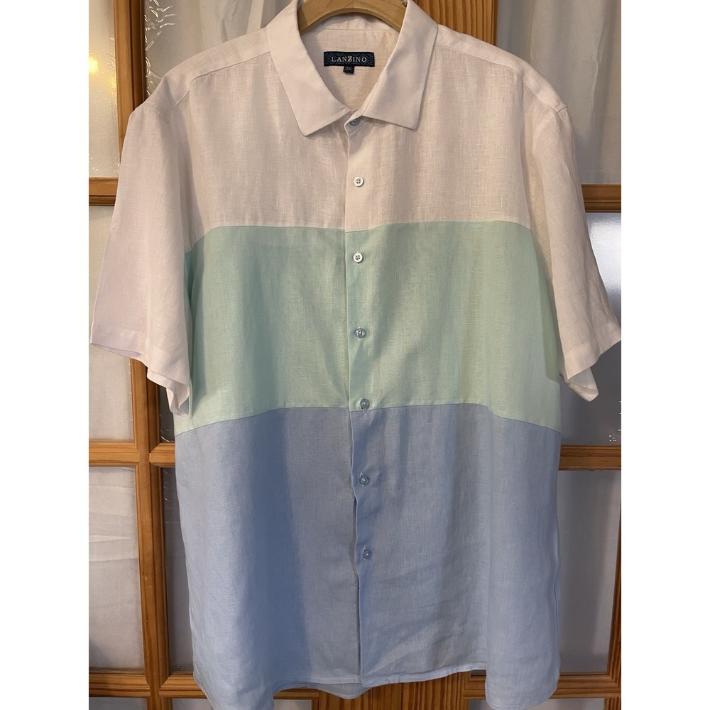 Lanzino 100% Linen Button Up Shirt Mens 3XL Pastel Green White Colorblock Casual